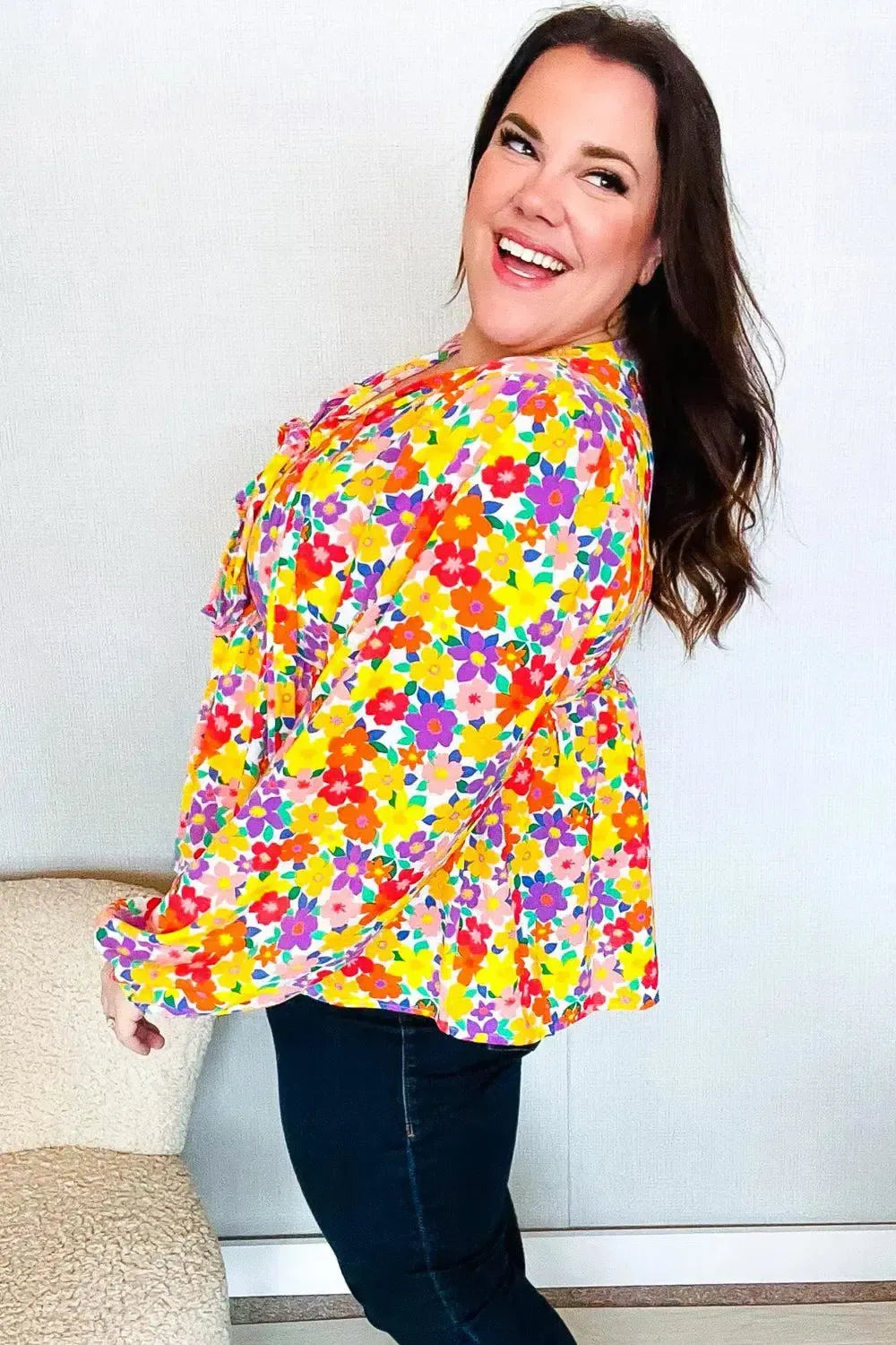 Chasing Dreams Ribbon Tie Bow Babydoll Puff Elastic Sleeve Floral Top-Evelyns Fashion