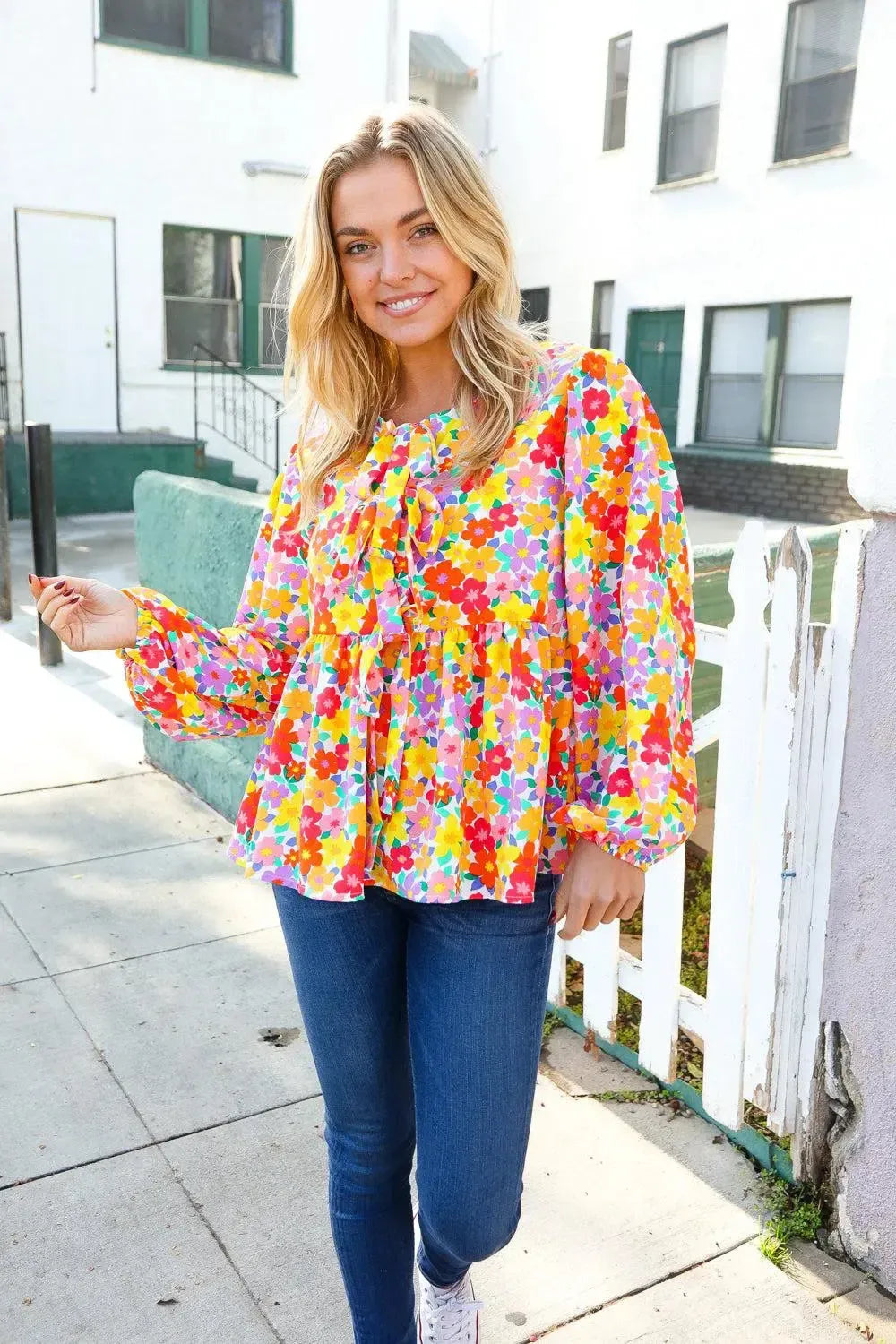 Chasing Dreams Ribbon Tie Bow Babydoll Puff Elastic Sleeve Floral Top-Evelyns Fashion