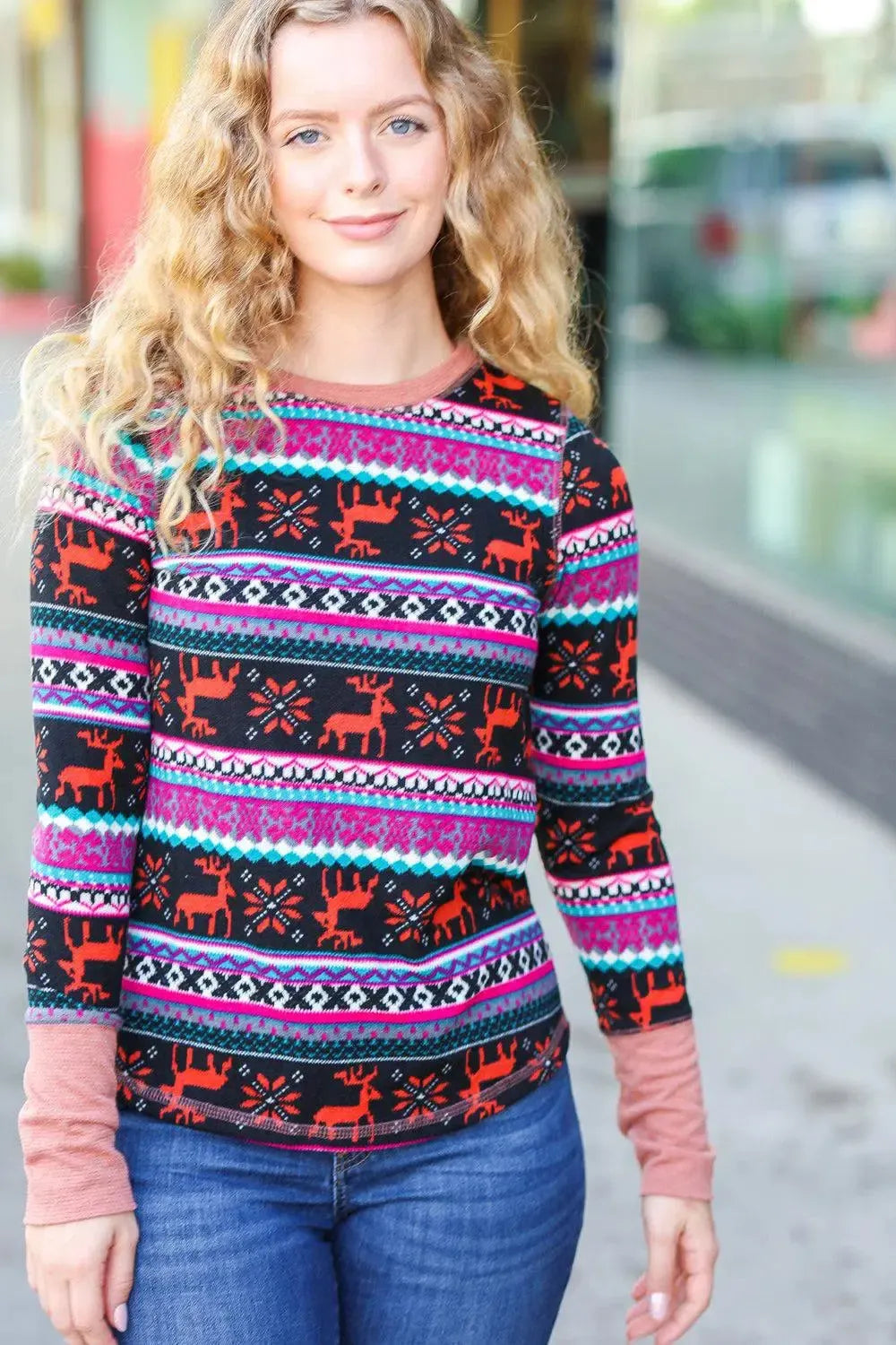 Christmas Ready Black & Fuchsia Reindeer Print Thermal Top-Evelyns Fashion