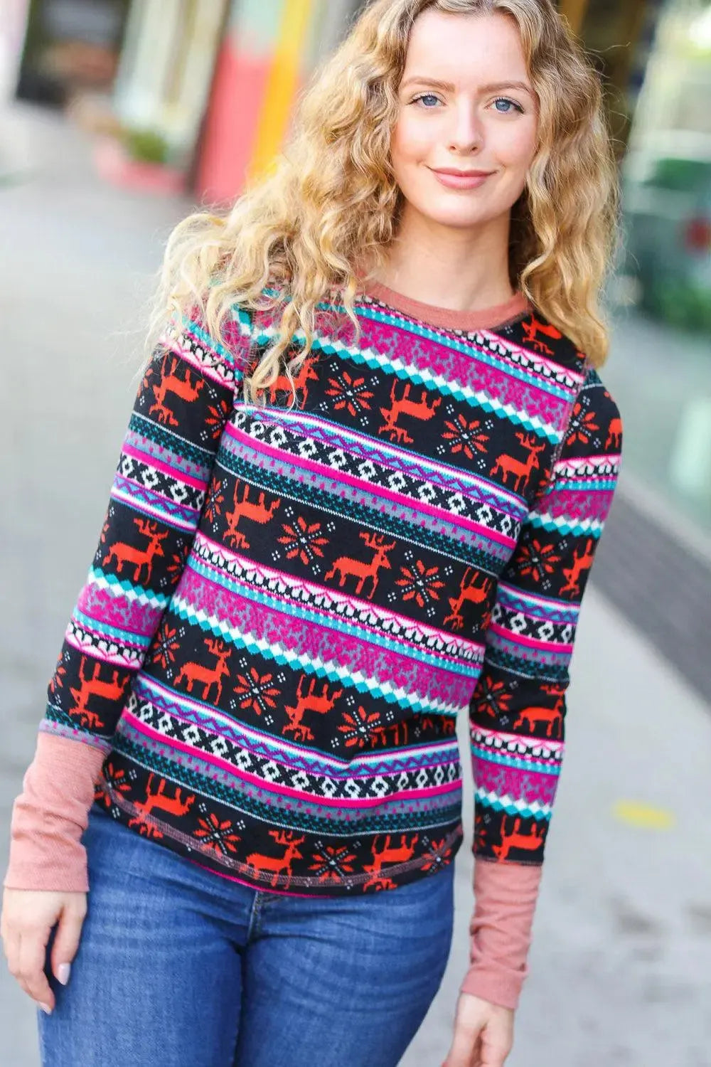 Christmas Ready Black & Fuchsia Reindeer Print Thermal Top-Evelyns Fashion