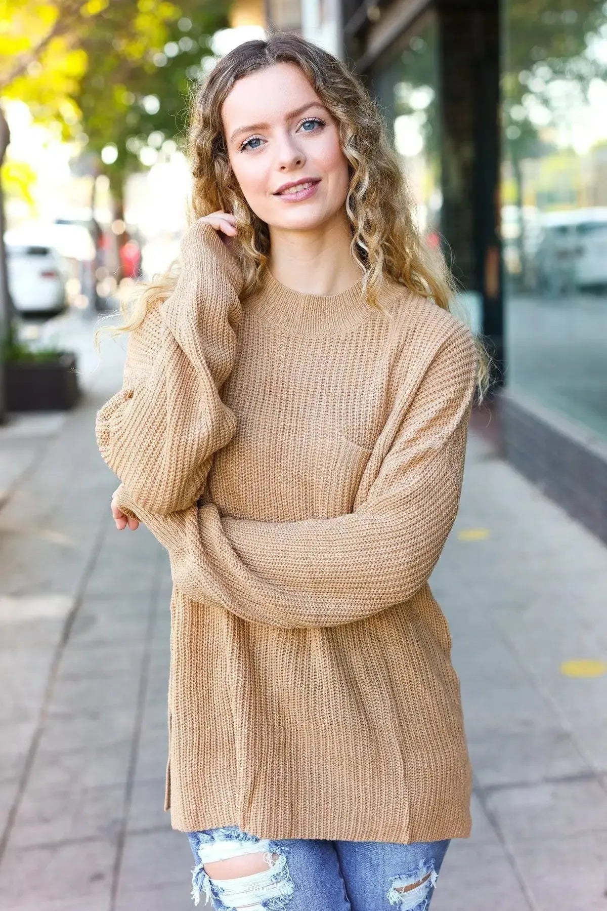 Classy Chic Taupe Mock Neck Chest Pocket Knit Sweater-Evelyns Fashion
