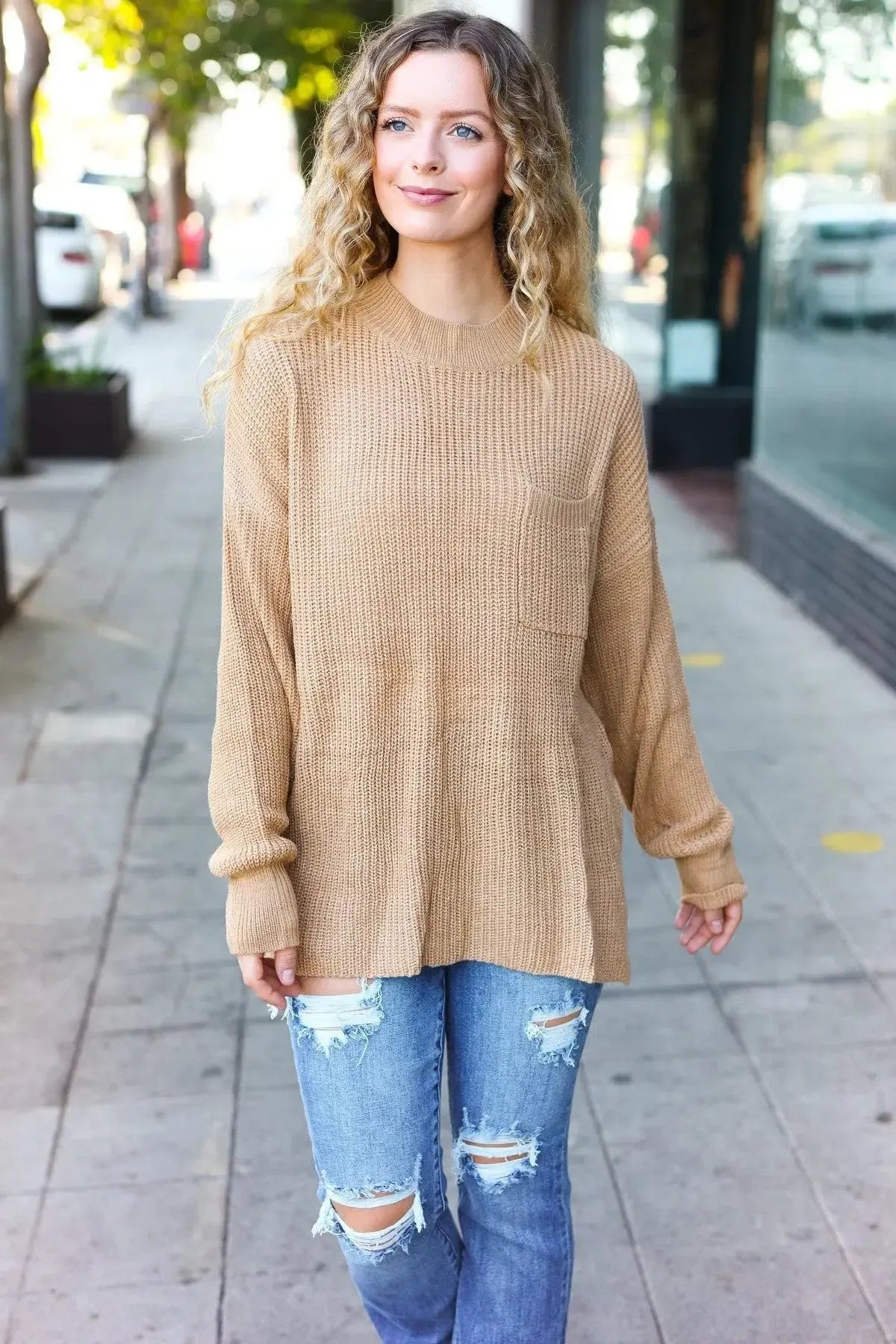 Classy Chic Taupe Mock Neck Chest Pocket Knit Sweater-Evelyns Fashion