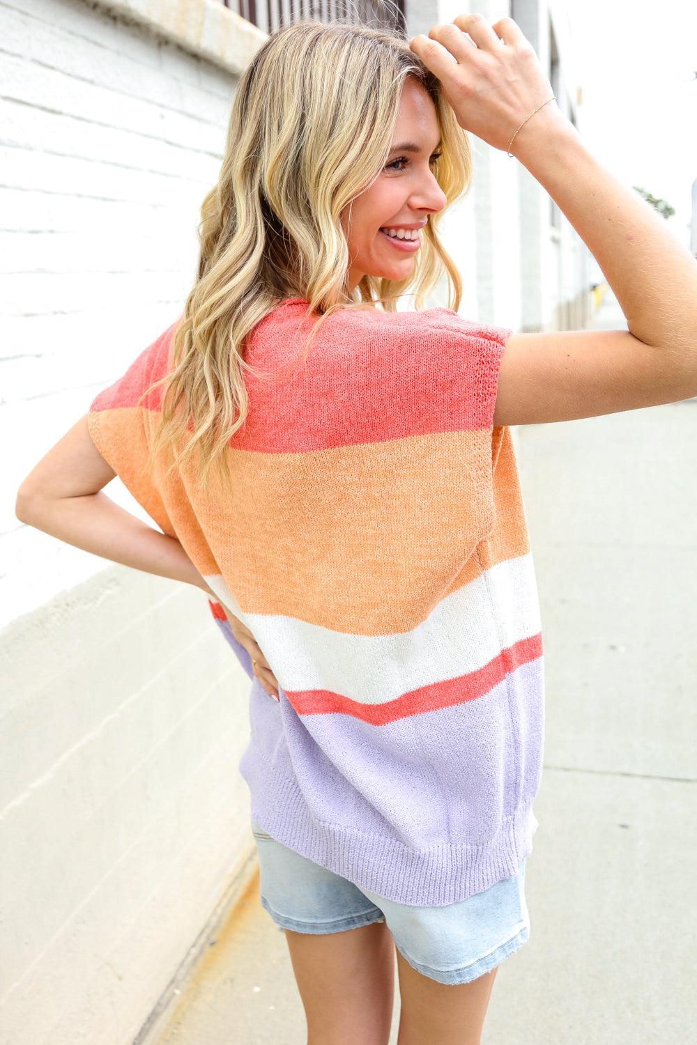 Coral Notched Neck Sweater Top-Sweaters-Evelyns Fashion