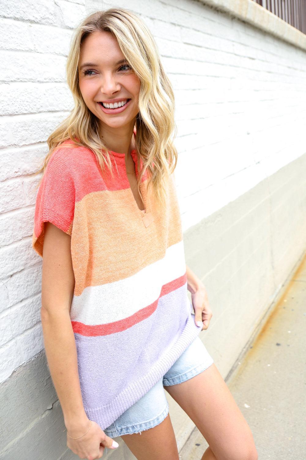 Coral Notched Neck Sweater Top-Sweaters-Evelyns Fashion