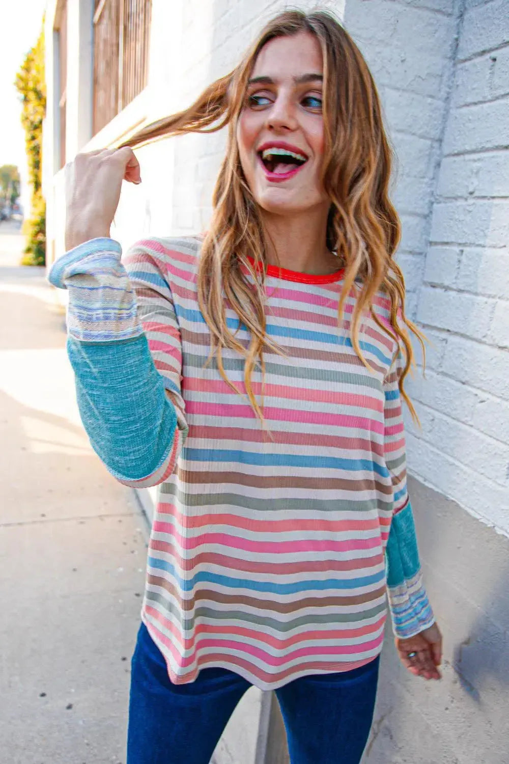Coral Taupe Multistrip Rib Out Seam Detail Top-Evelyns Fashion