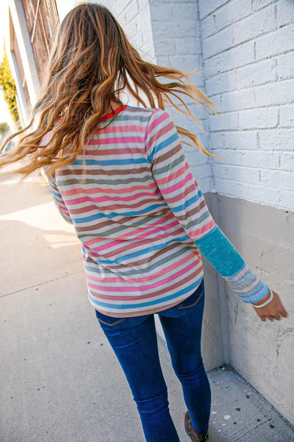 Coral Taupe Multistrip Rib Out Seam Detail Top-Evelyns Fashion