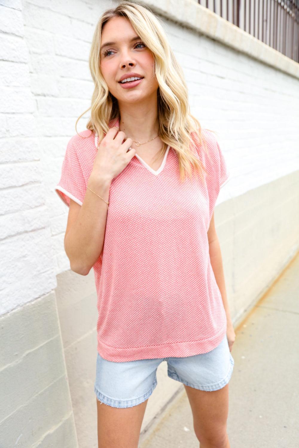 Coral Waffle Knit Top-Blouses-Evelyns Fashion