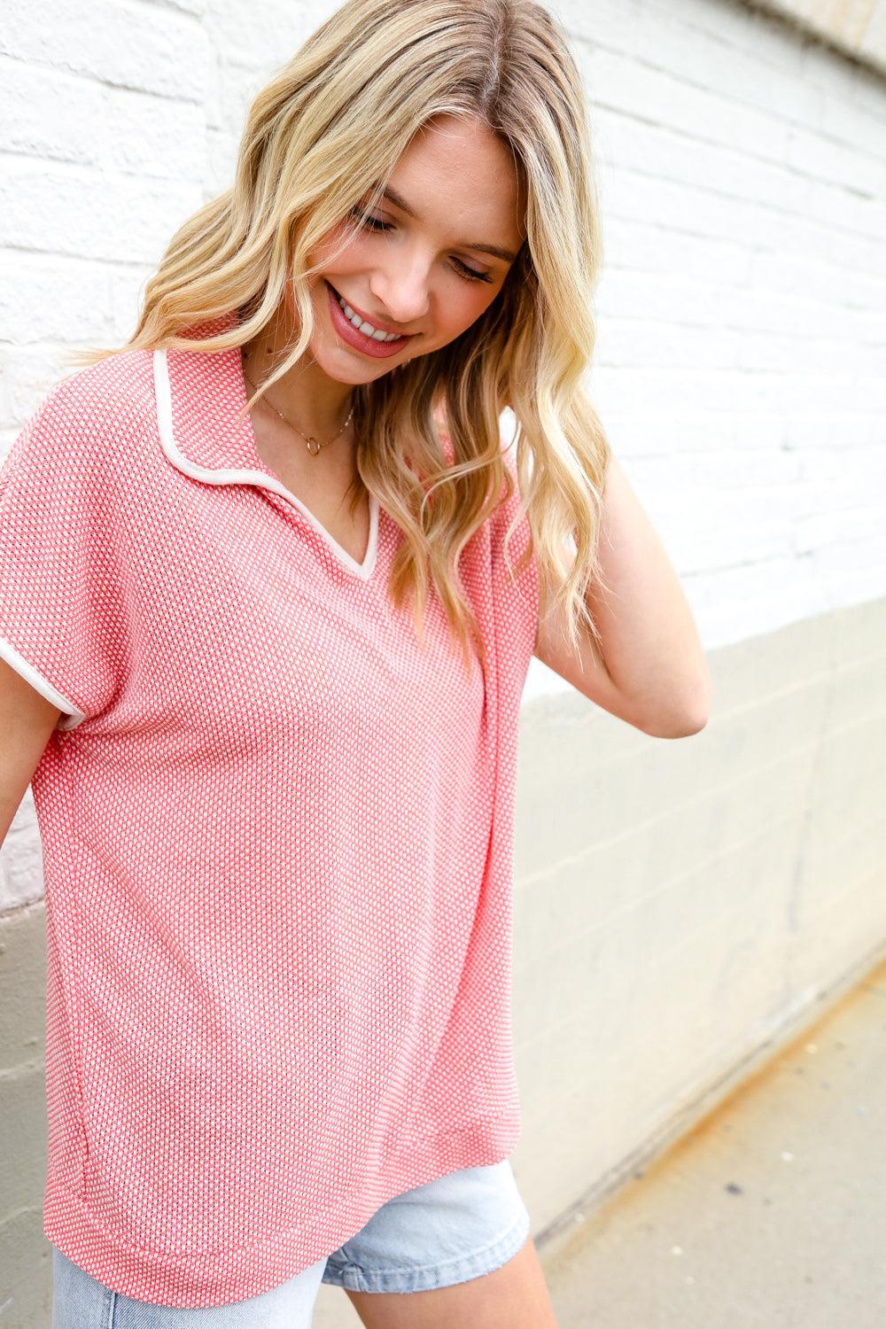 Coral Waffle Knit Top-Blouses-Evelyns Fashion