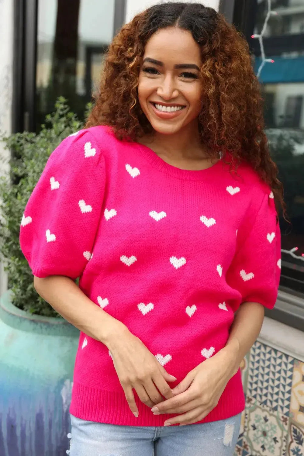 Cozy & Cute: Pink & White Heart Sweater-Evelyns Fashion