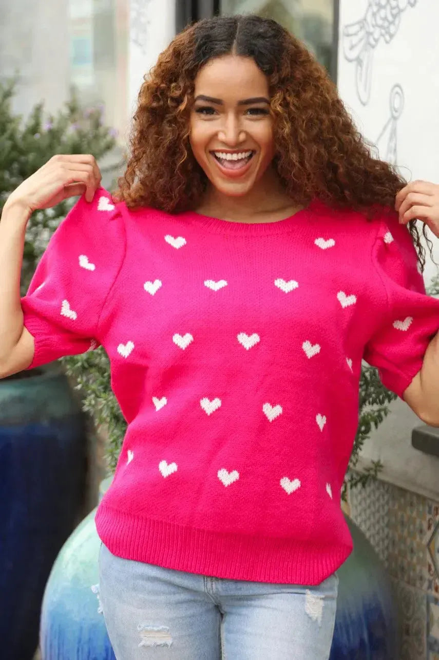 Cozy & Cute: Pink & White Heart Sweater-Evelyns Fashion