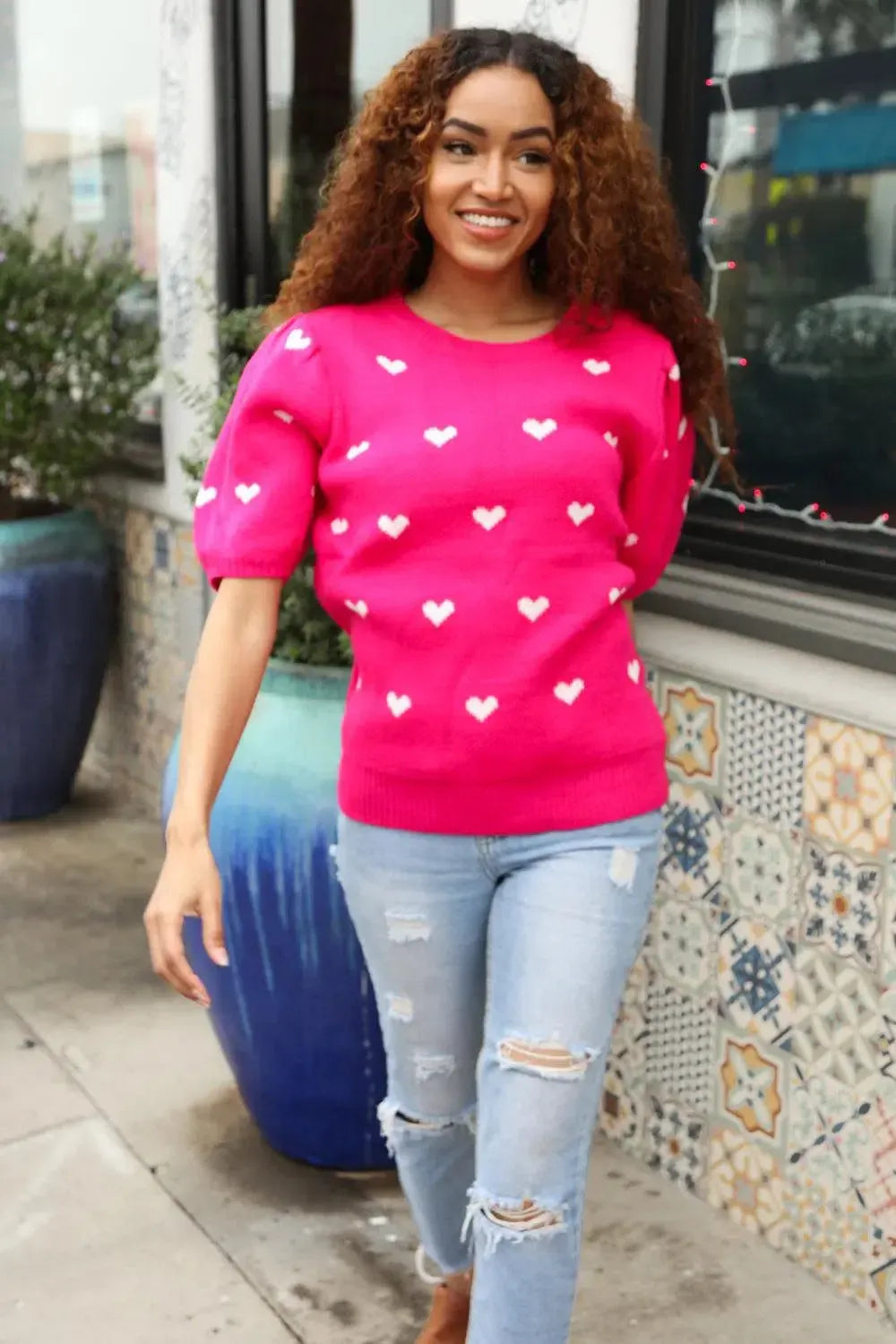 Cozy & Cute: Pink & White Heart Sweater-Evelyns Fashion