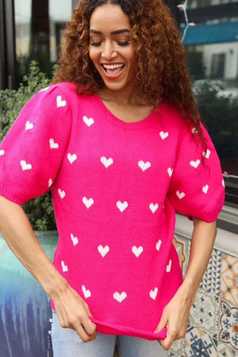 Cozy & Cute: Pink & White Heart Sweater-Evelyns Fashion
