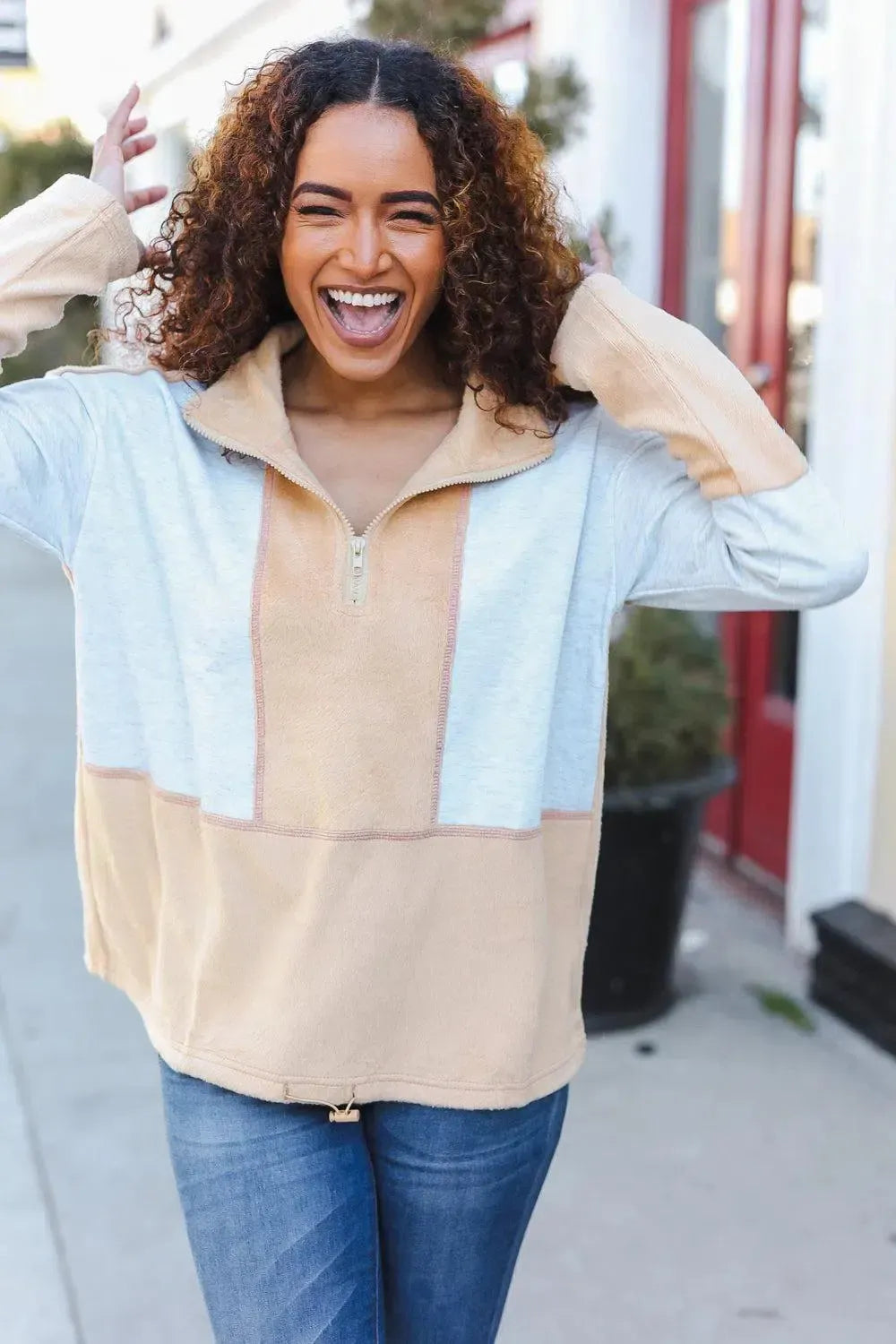 Cozy Style: Good Vibes Grey/Beige Fleece Zip-Up Cinched Hem Pullover-Evelyns Fashion