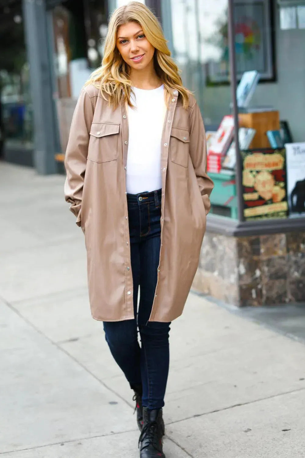 Dark Beige Veagan Leather Snap Button Shirt Jacket-Evelyns Fashion