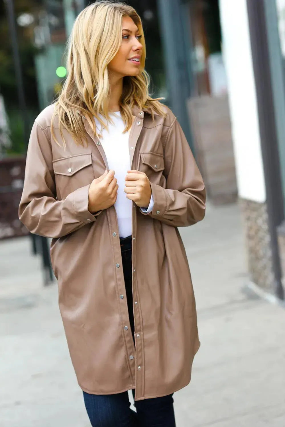 Dark Beige Veagan Leather Snap Button Shirt Jacket-Evelyns Fashion
