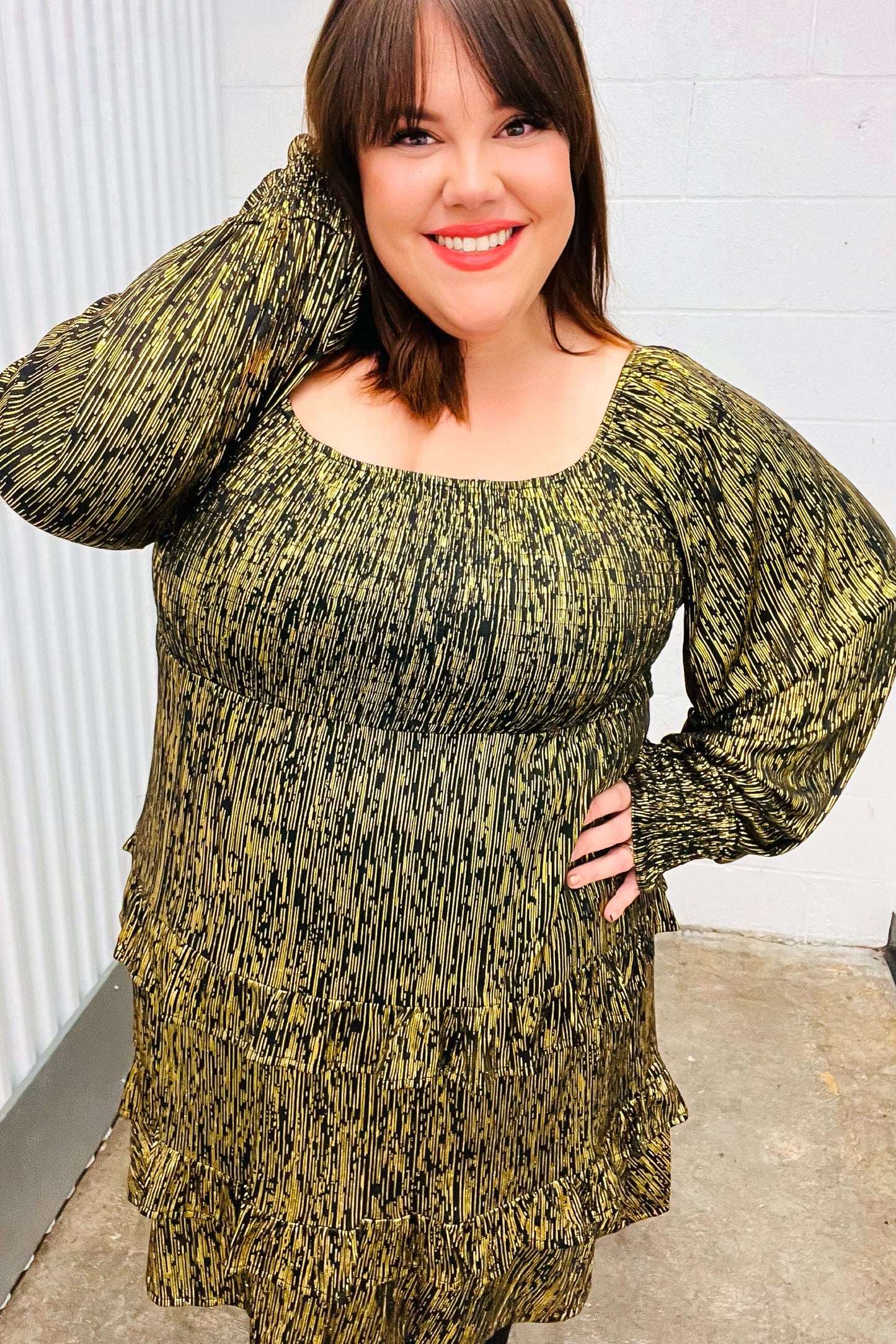 Dazzling Black Gold Foiled Smocked Fit & Flare Dress-Evelyns Fashion