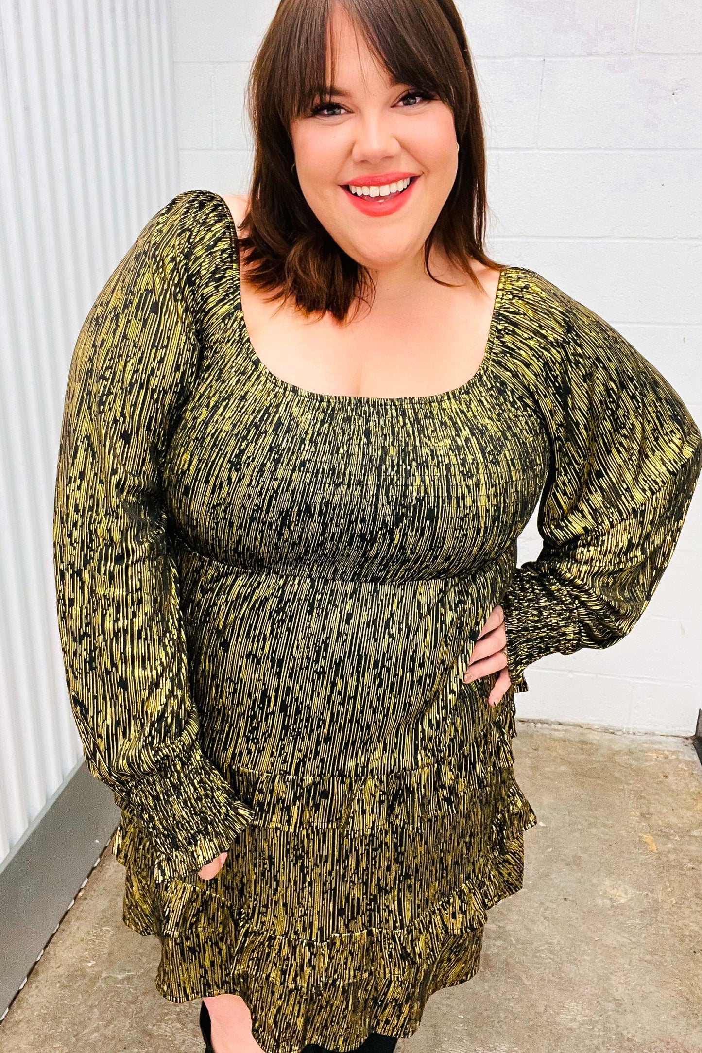 Dazzling Black Gold Foiled Smocked Fit & Flare Dress-Evelyns Fashion