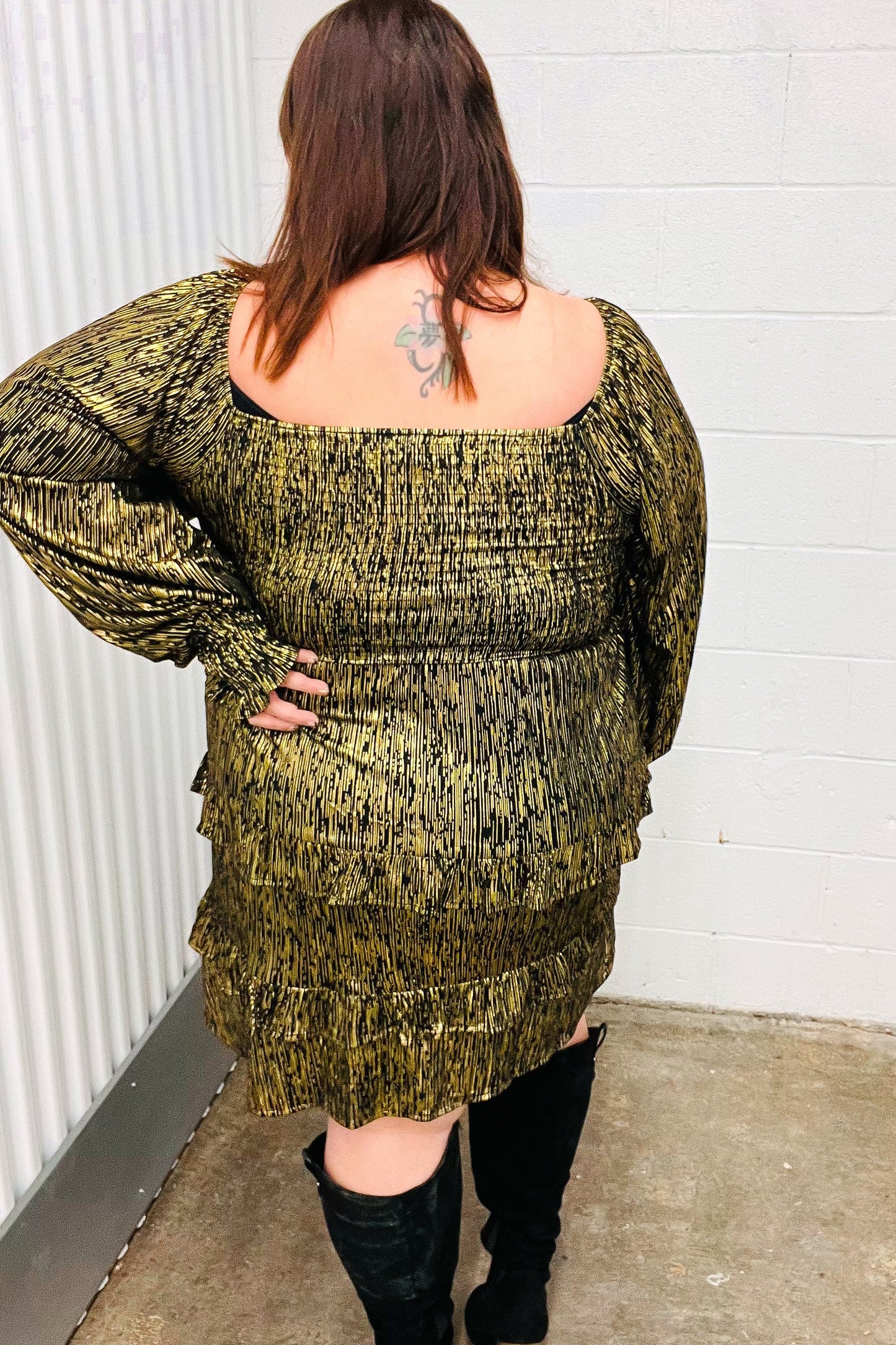 Dazzling Black Gold Foiled Smocked Fit & Flare Dress-Evelyns Fashion