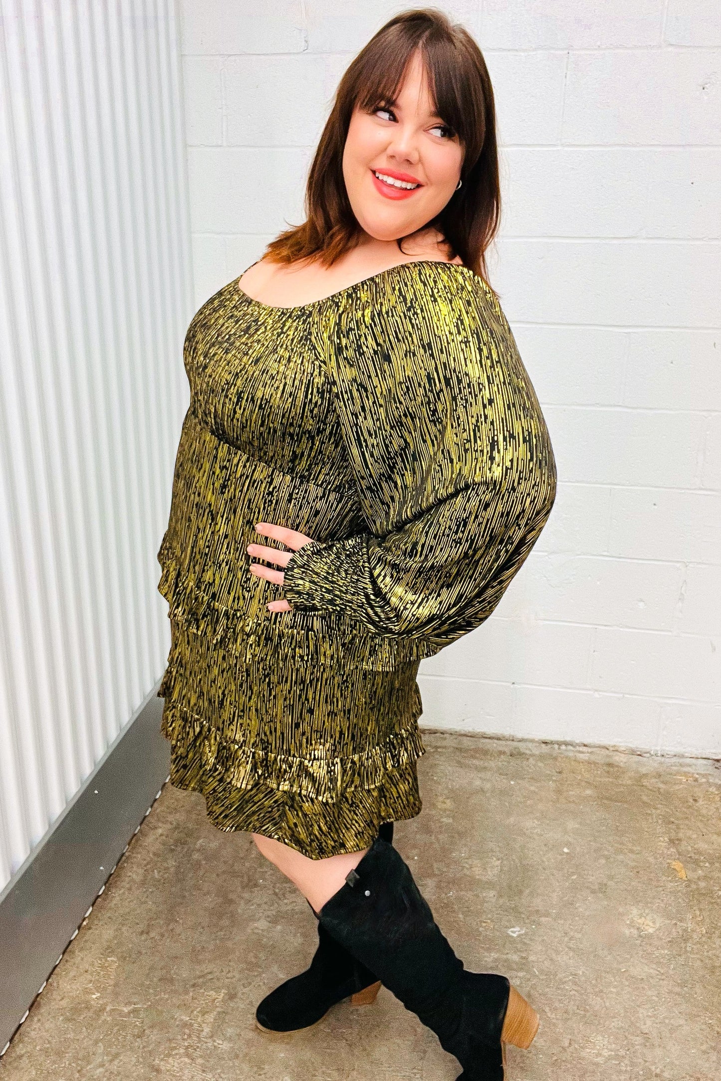 Dazzling Black Gold Foiled Smocked Fit & Flare Dress-Evelyns Fashion