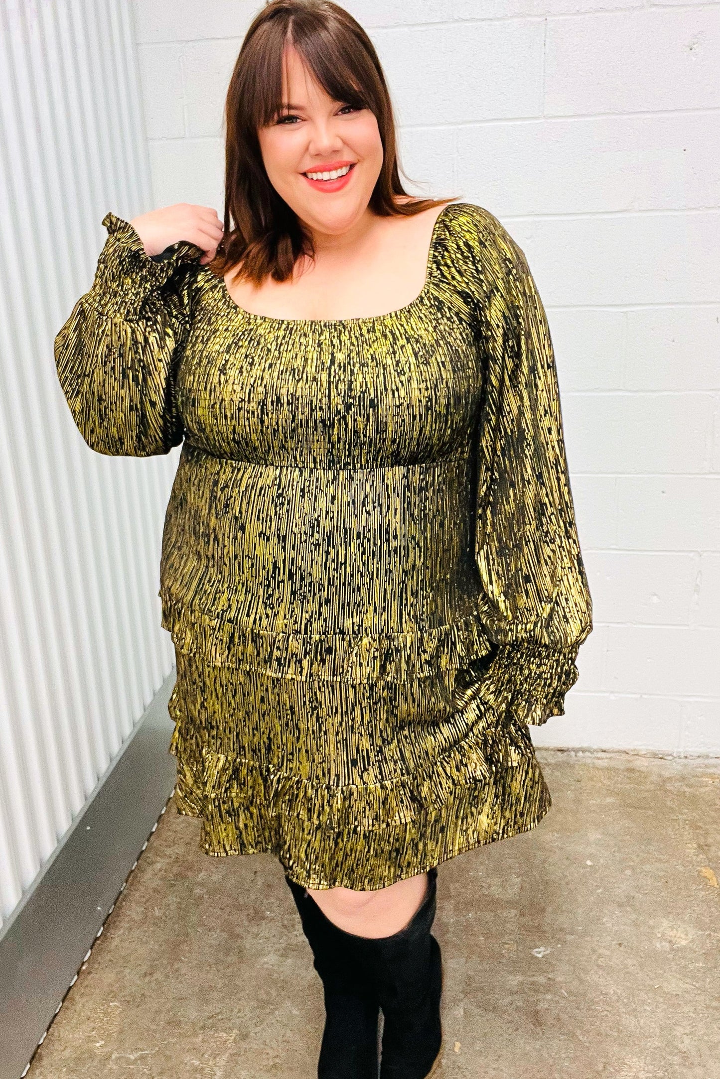 Dazzling Black Gold Foiled Smocked Fit & Flare Dress-Evelyns Fashion