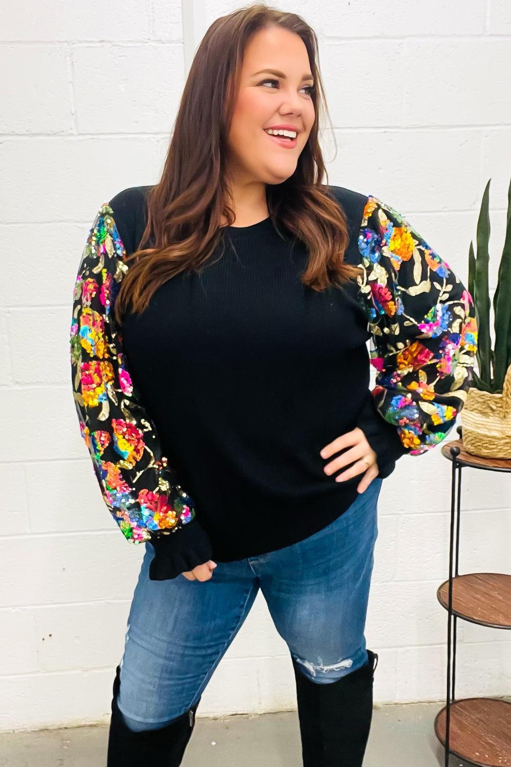 Diva Dreams Black Floral Sequin Mesh Sleeve Rib Knit Top-Evelyns Fashion