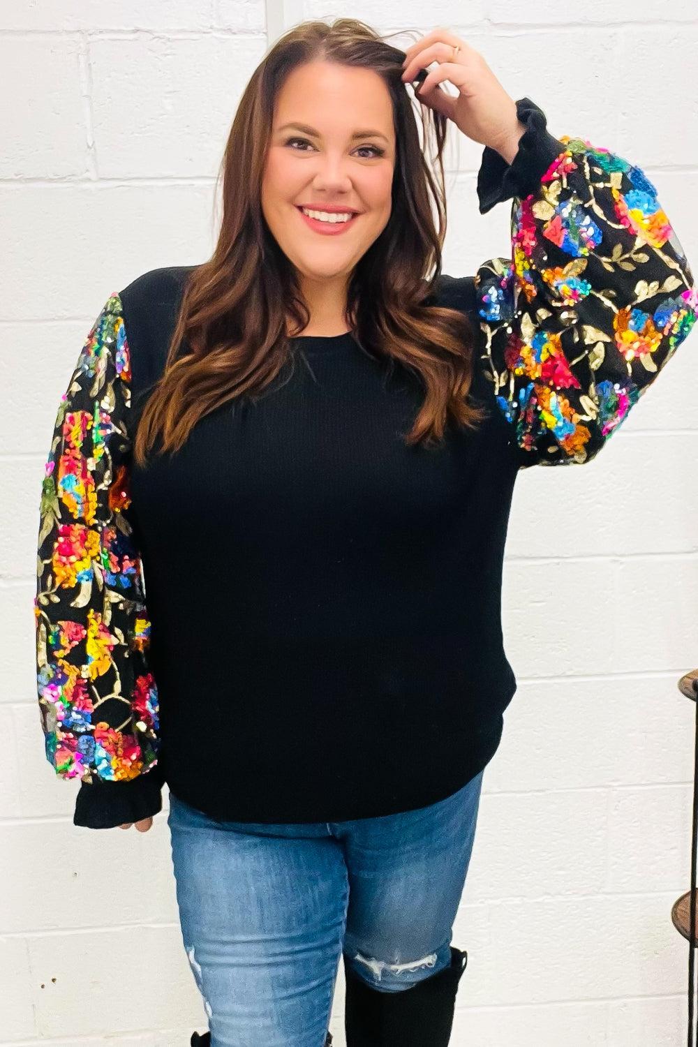 Diva Dreams Black Floral Sequin Mesh Sleeve Rib Knit Top-Evelyns Fashion