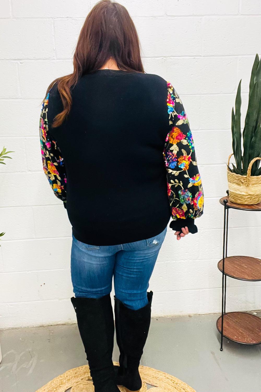 Diva Dreams Black Floral Sequin Mesh Sleeve Rib Knit Top-Evelyns Fashion