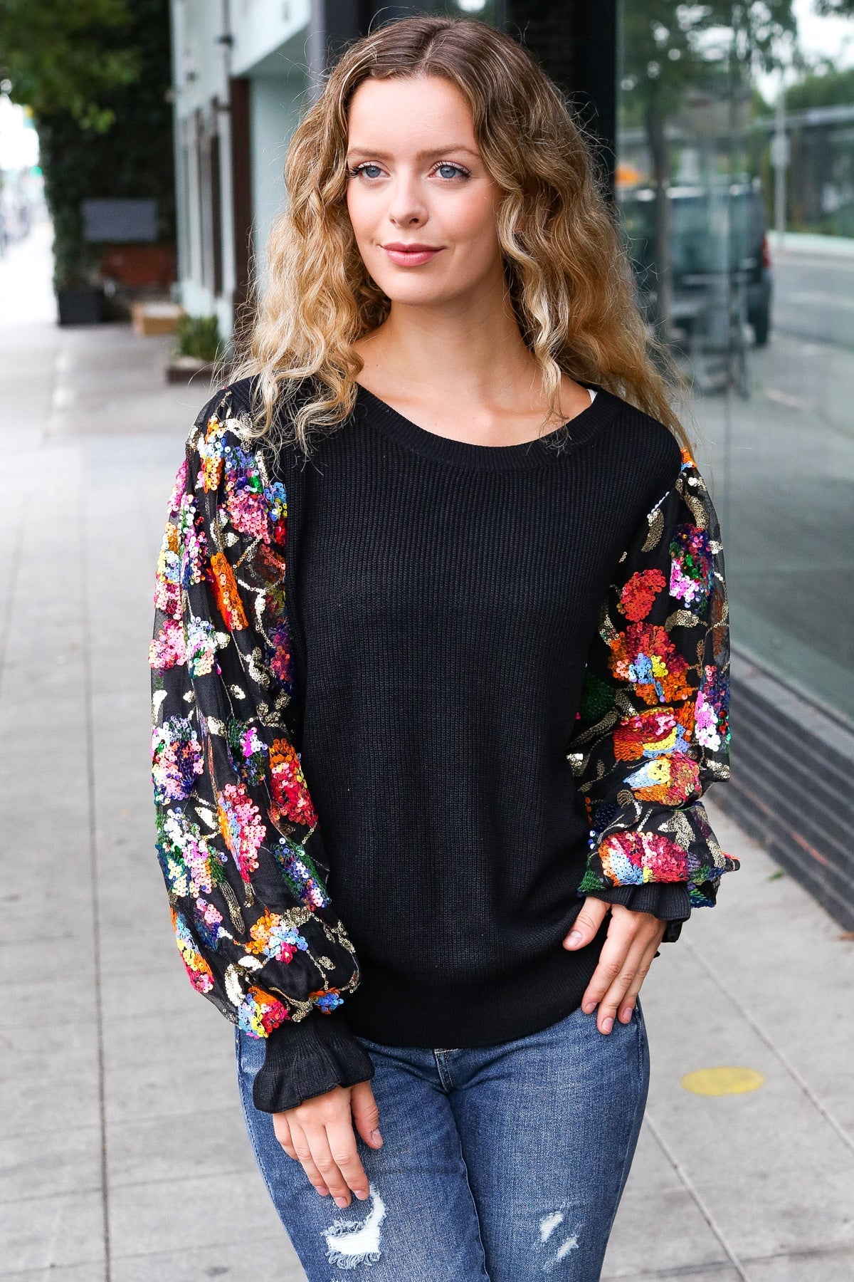 Diva Dreams Black Floral Sequin Mesh Sleeve Rib Knit Top-Evelyns Fashion