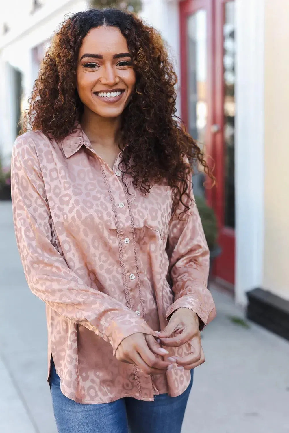 Diva Dreams Neude Animal Print Button Down Lace Shirt Top-Evelyns Fashion