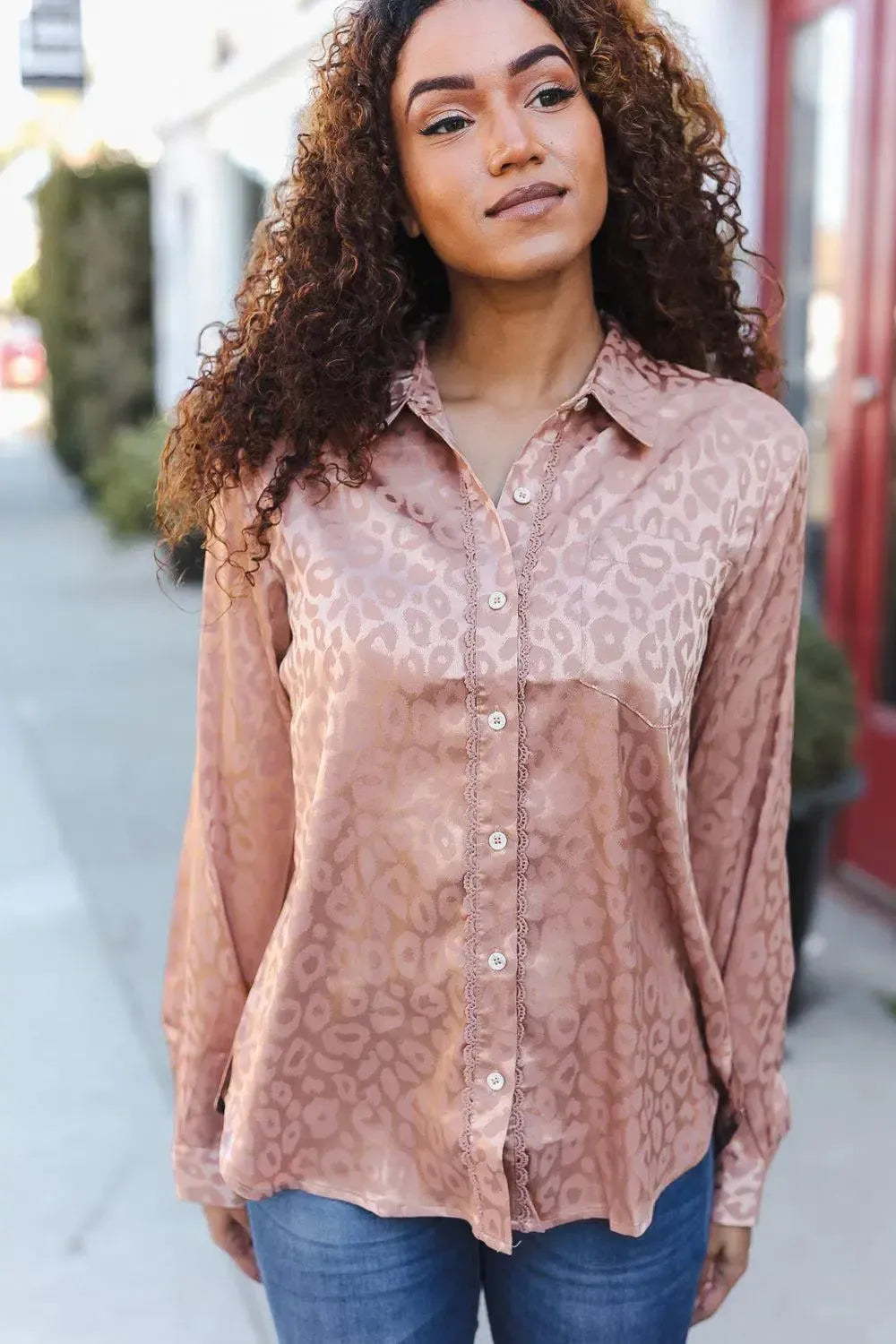 Diva Dreams Neude Animal Print Button Down Lace Shirt Top-Evelyns Fashion