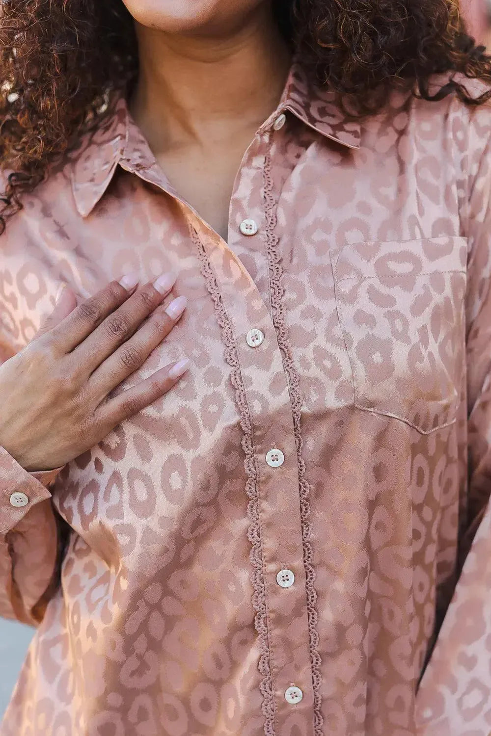 Diva Dreams Neude Animal Print Button Down Lace Shirt Top-Evelyns Fashion