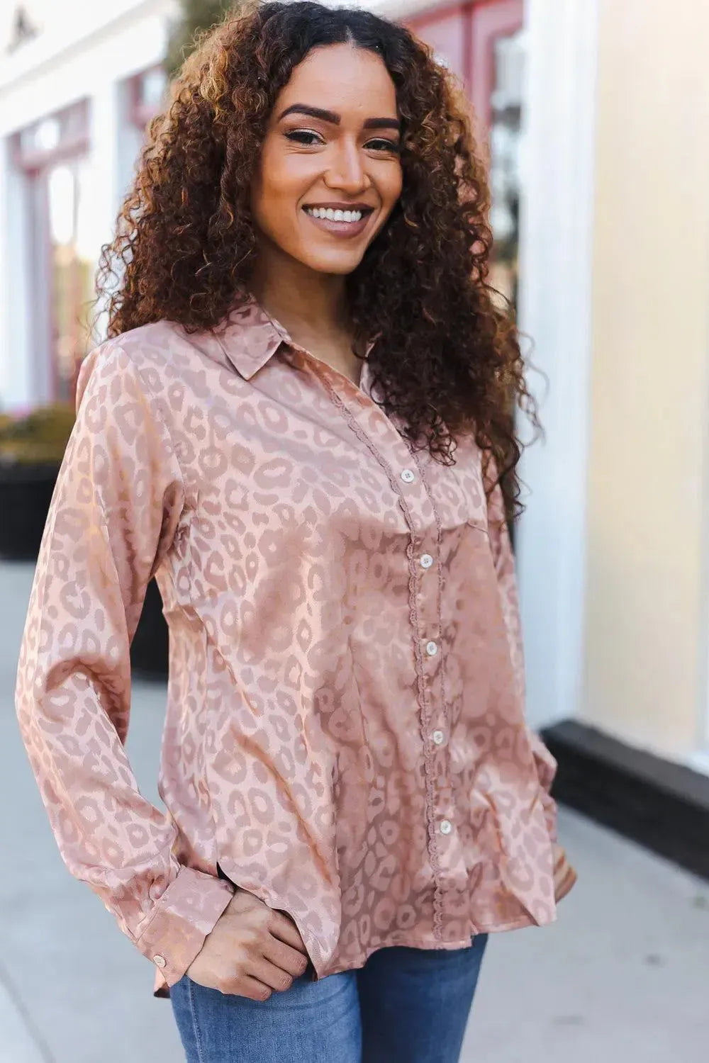 Diva Dreams Neude Animal Print Button Down Lace Shirt Top-Evelyns Fashion