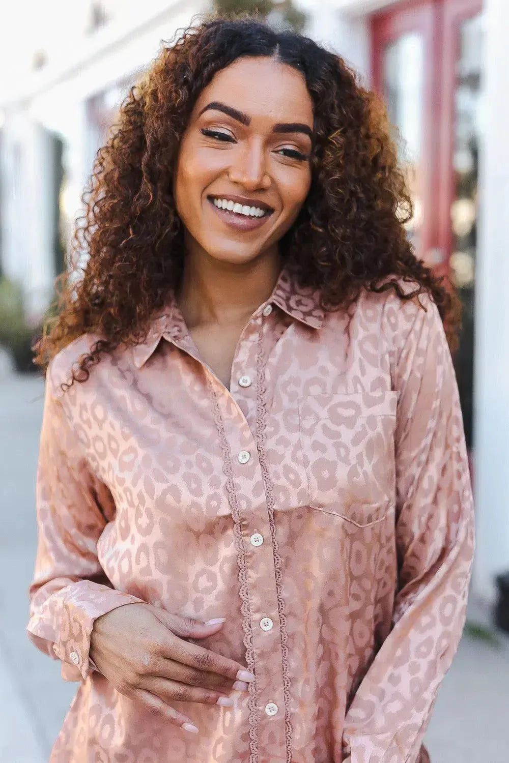 Diva Dreams Neude Animal Print Button Down Lace Shirt Top-Evelyns Fashion