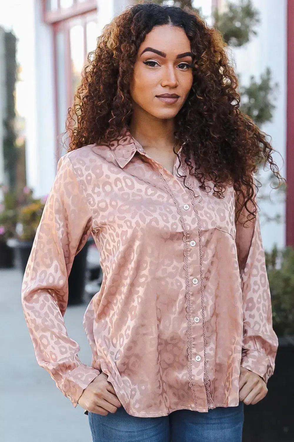 Diva Dreams Neude Animal Print Button Down Lace Shirt Top-Evelyns Fashion