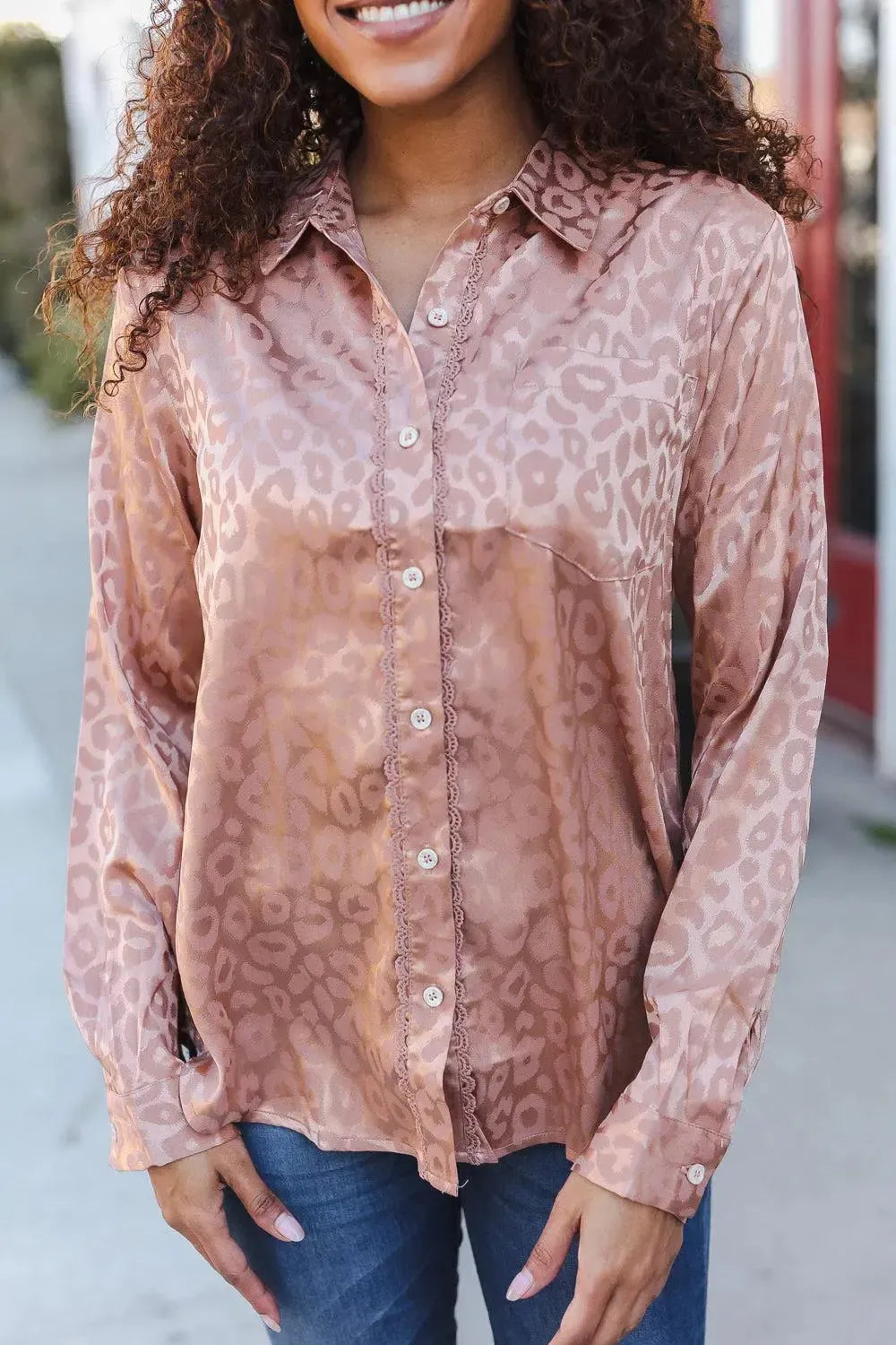 Diva Dreams Neude Animal Print Button Down Lace Shirt Top-Evelyns Fashion