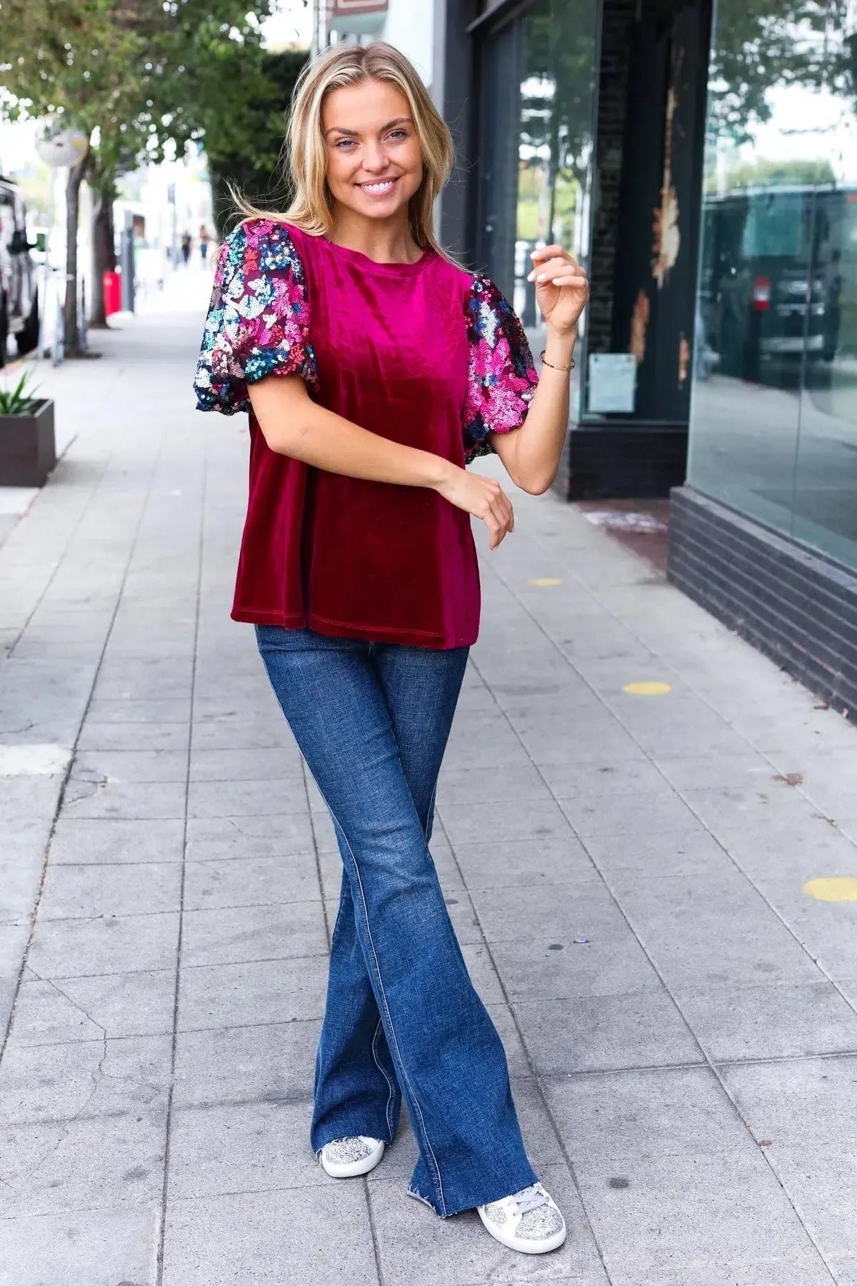 Diva Dreams Wine Floral Sequin Puff Sleeve Velvet Top-Evelyns Fashion