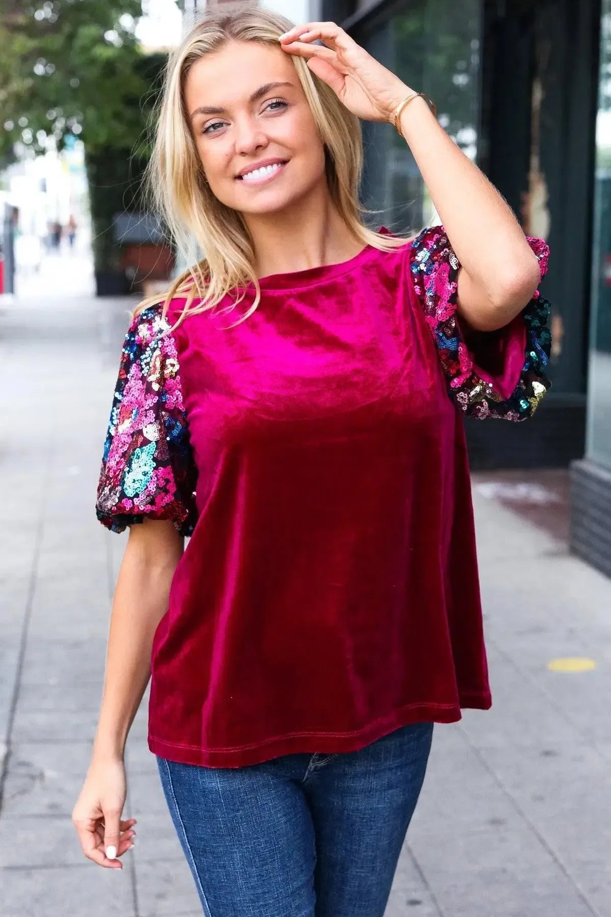 Diva Dreams Wine Floral Sequin Puff Sleeve Velvet Top-Evelyns Fashion