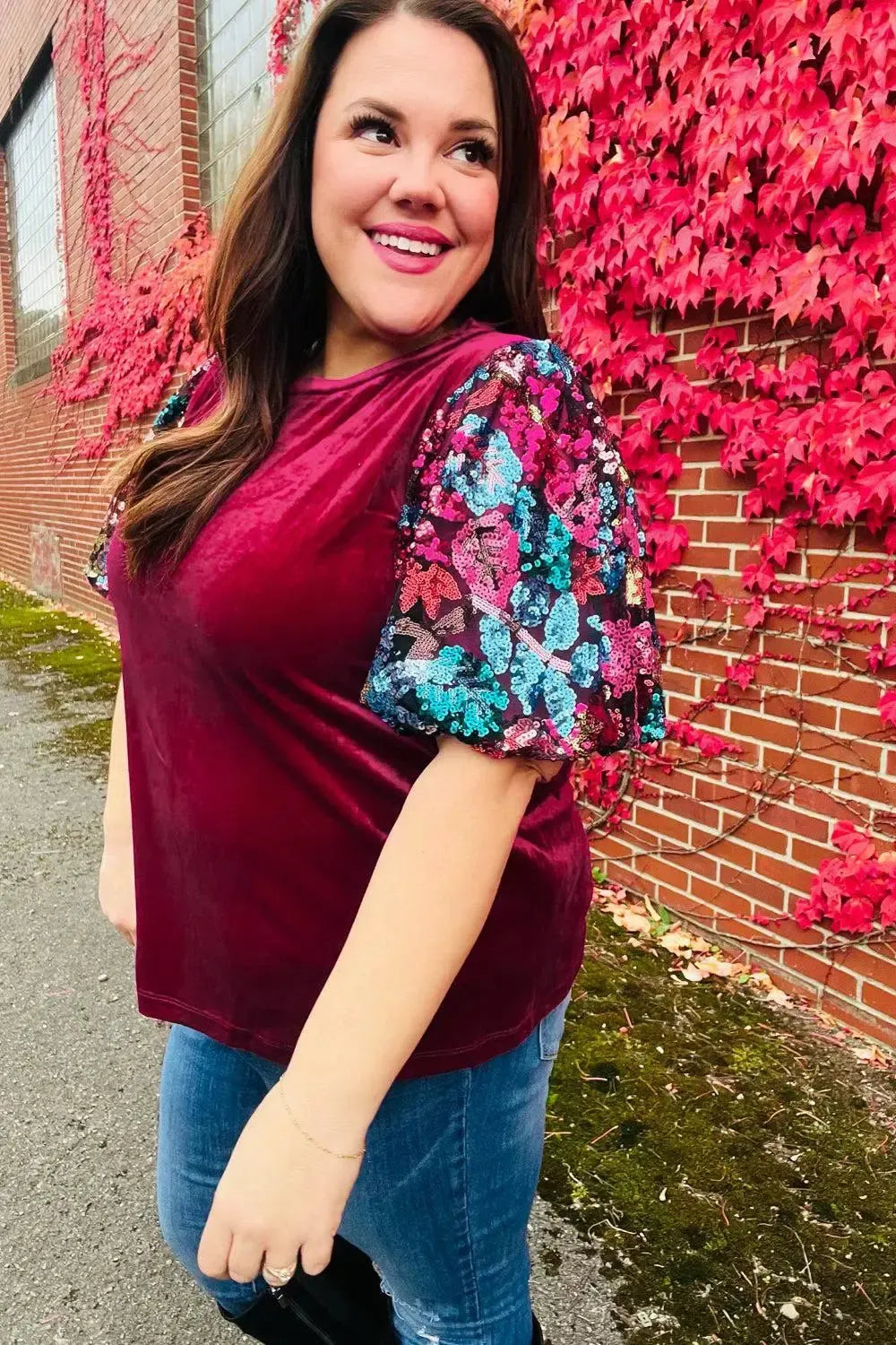 Diva Dreams Wine Floral Sequin Puff Sleeve Velvet Top-Evelyns Fashion