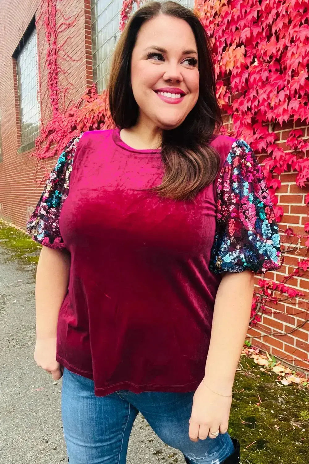 Diva Dreams Wine Floral Sequin Puff Sleeve Velvet Top-Evelyns Fashion