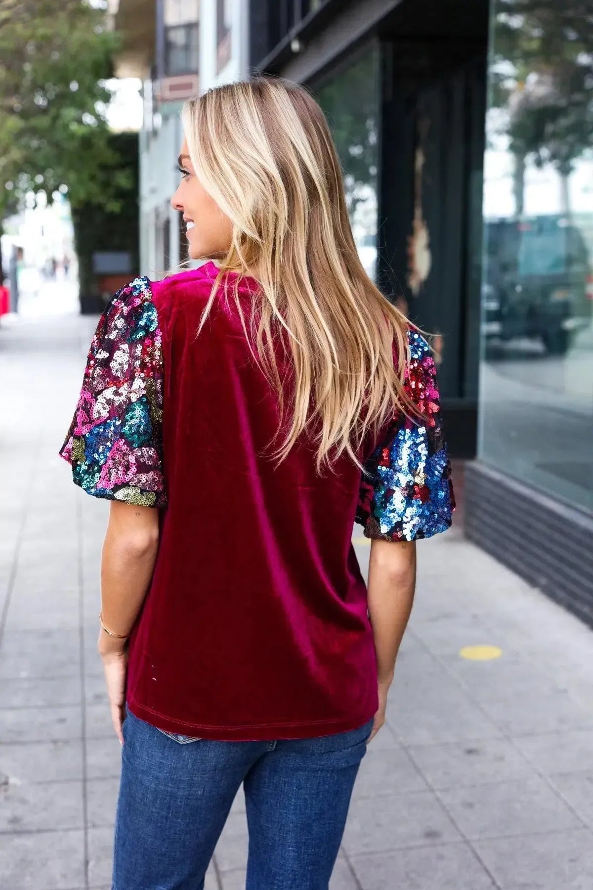 Diva Dreams Wine Floral Sequin Puff Sleeve Velvet Top-Evelyns Fashion
