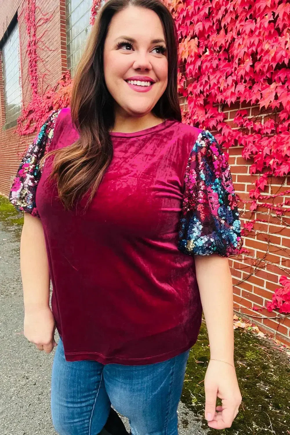 Diva Dreams Wine Floral Sequin Puff Sleeve Velvet Top-Evelyns Fashion