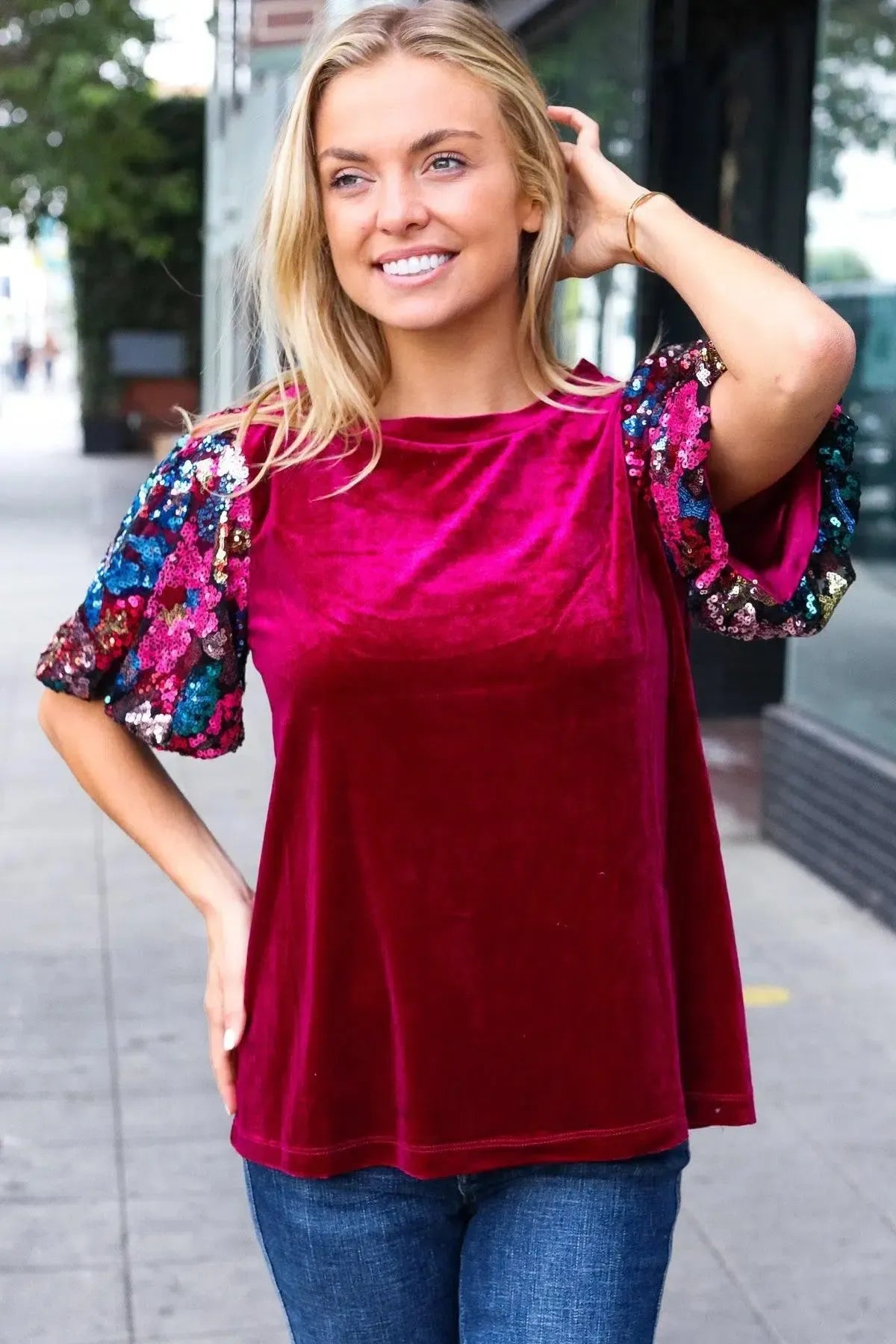Diva Dreams Wine Floral Sequin Puff Sleeve Velvet Top-Evelyns Fashion
