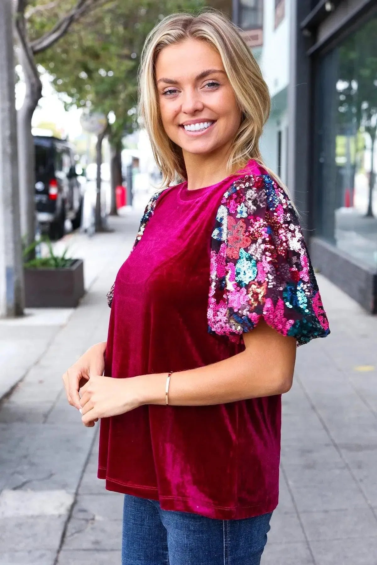 Diva Dreams Wine Floral Sequin Puff Sleeve Velvet Top-Evelyns Fashion