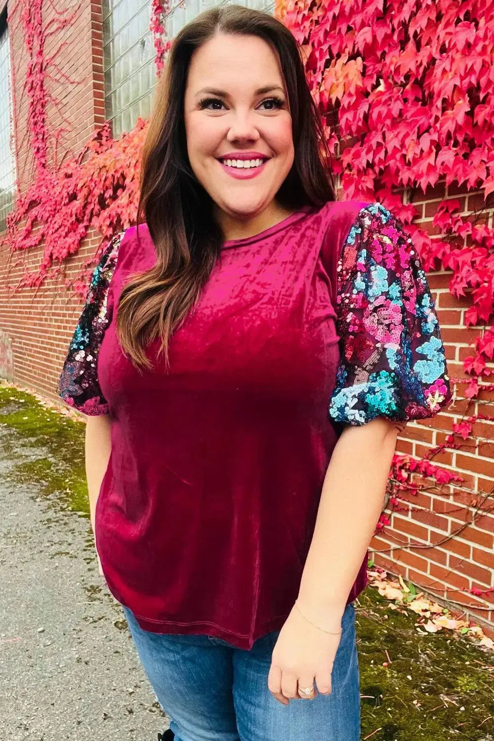 Diva Dreams Wine Floral Sequin Puff Sleeve Velvet Top-Evelyns Fashion