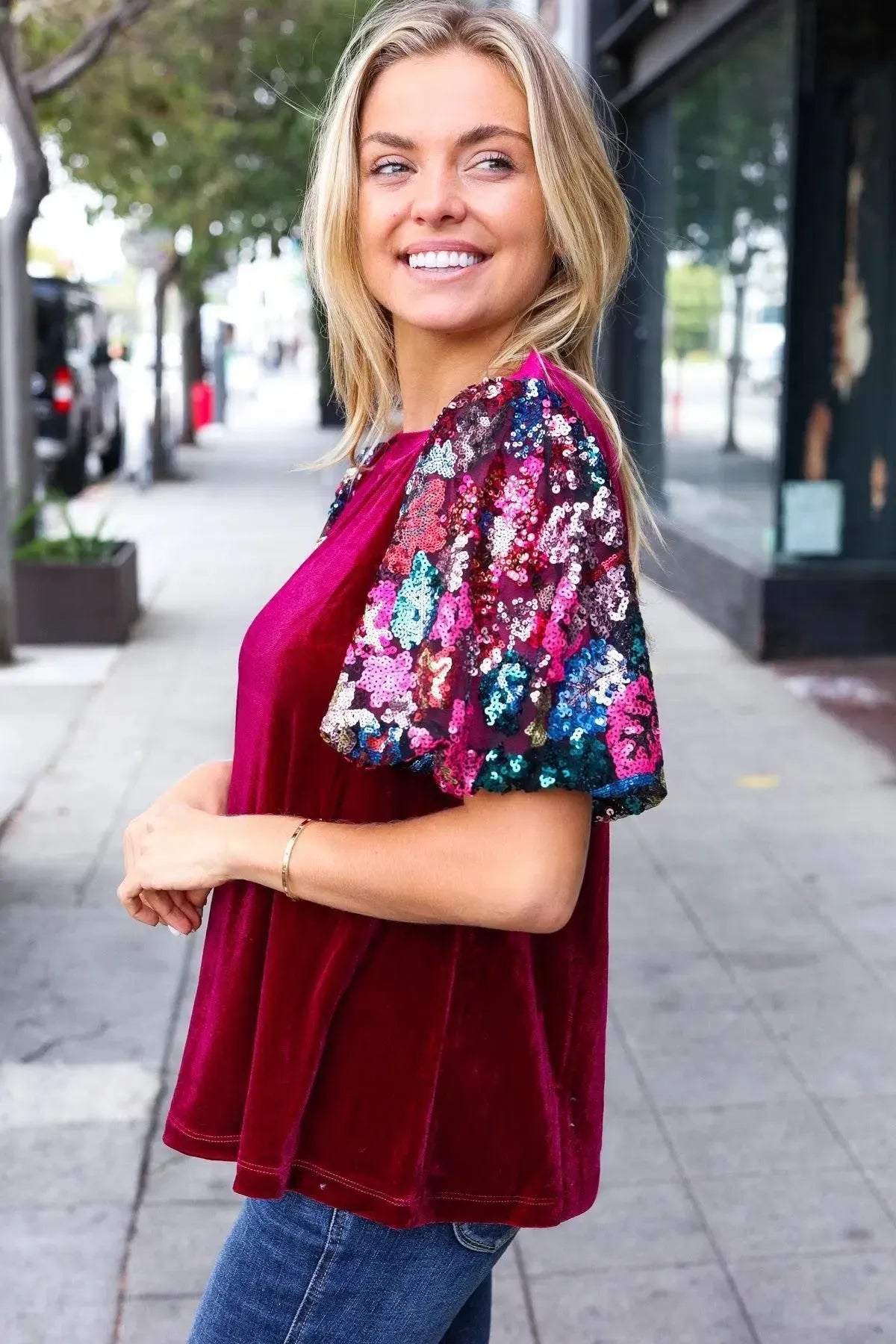 Diva Dreams Wine Floral Sequin Puff Sleeve Velvet Top-Evelyns Fashion