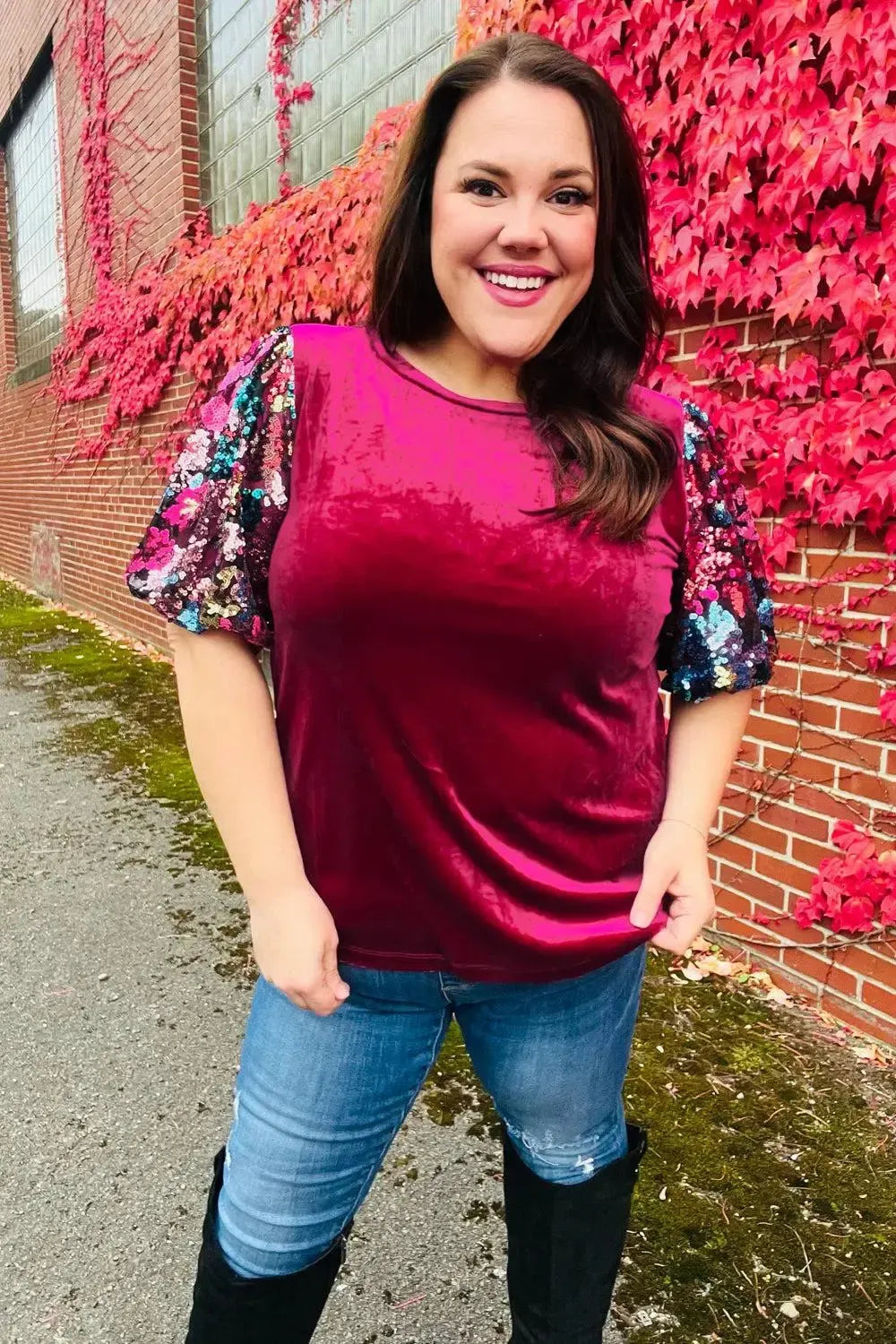 Diva Dreams Wine Floral Sequin Puff Sleeve Velvet Top-Evelyns Fashion