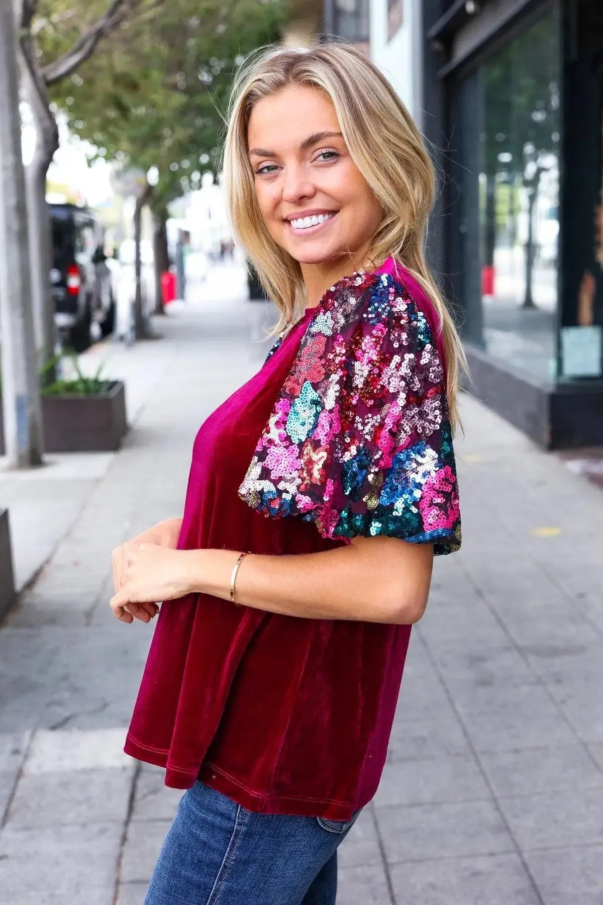 Diva Dreams Wine Floral Sequin Puff Sleeve Velvet Top-Evelyns Fashion