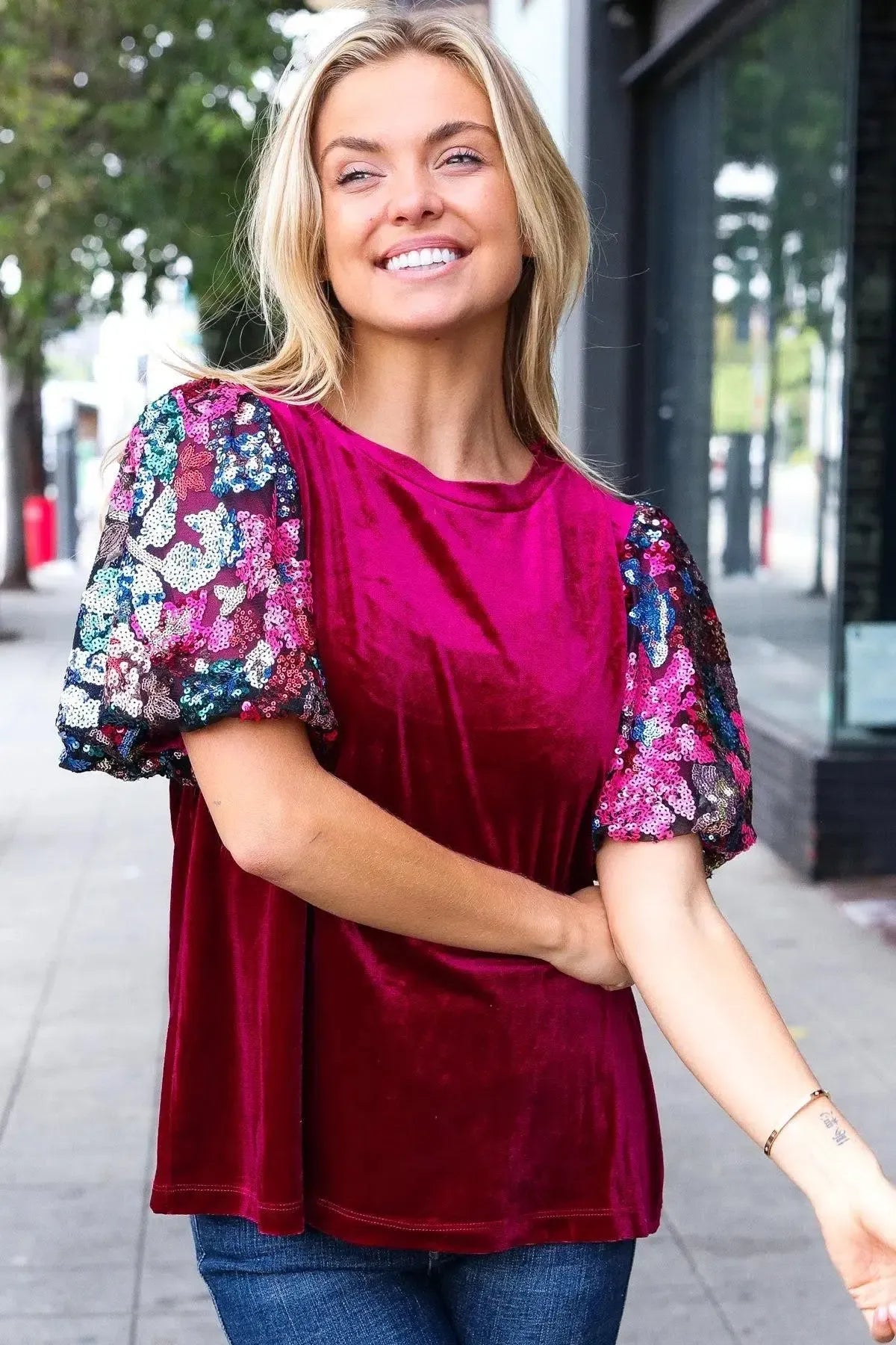 Diva Dreams Wine Floral Sequin Puff Sleeve Velvet Top-Evelyns Fashion