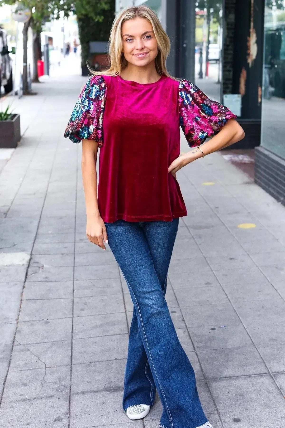 Diva Dreams Wine Floral Sequin Puff Sleeve Velvet Top-Evelyns Fashion