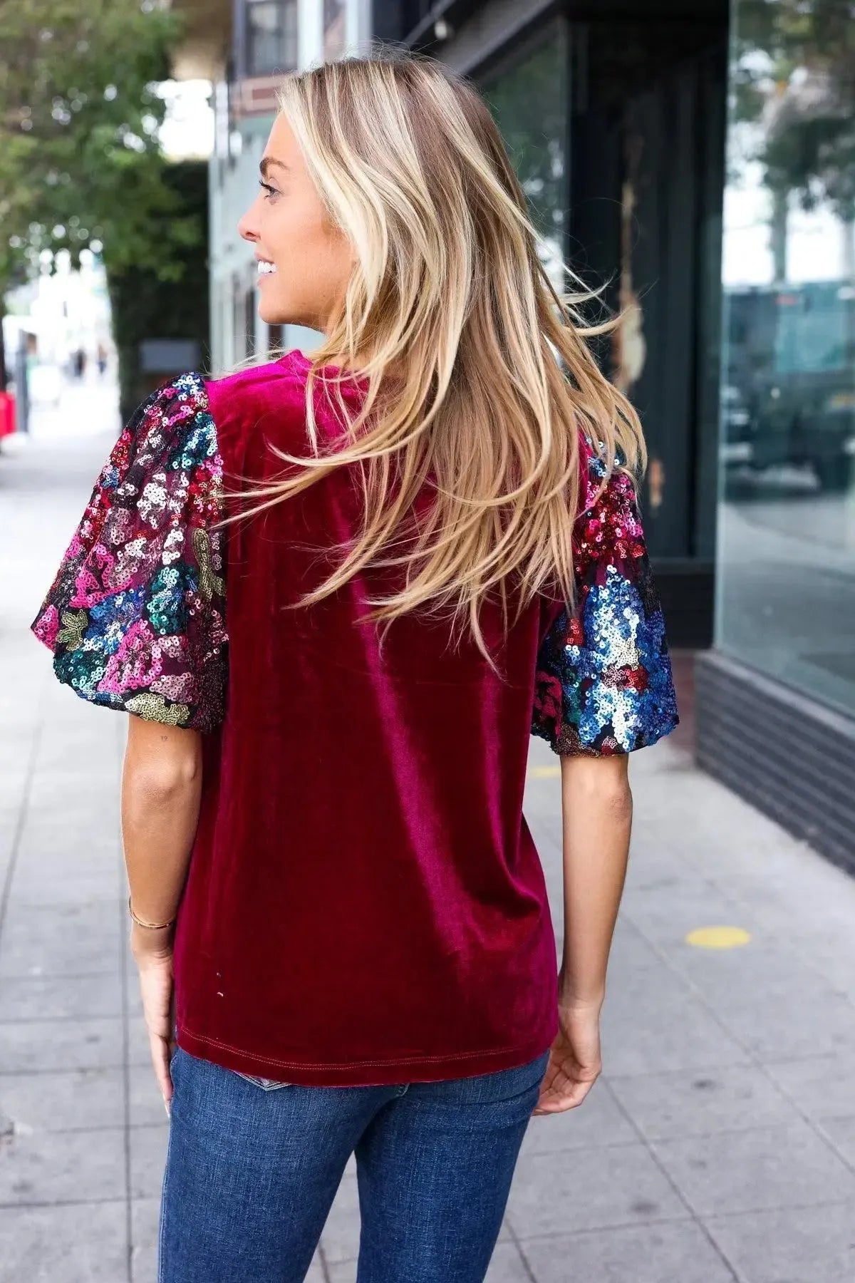 Diva Dreams Wine Floral Sequin Puff Sleeve Velvet Top-Evelyns Fashion